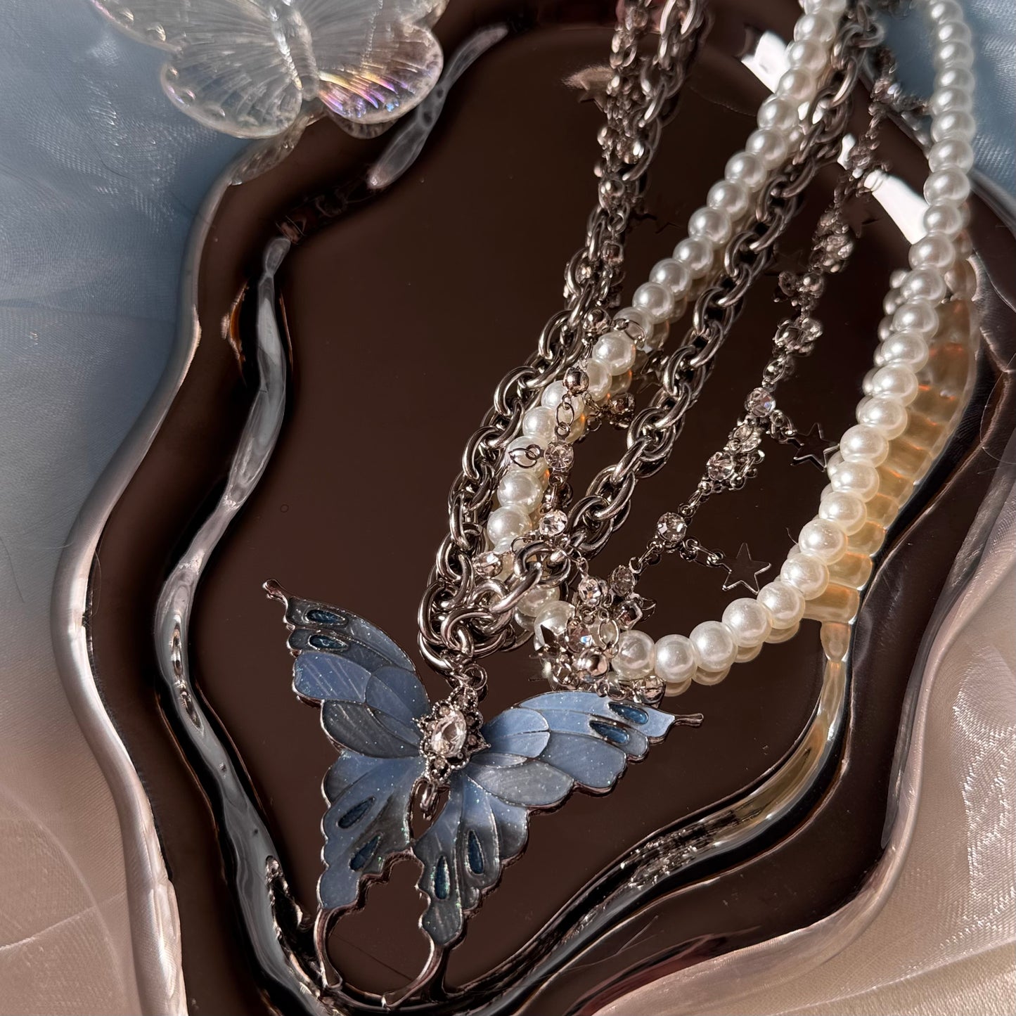 Lustrous Pearl Butterfly Layered Necklace